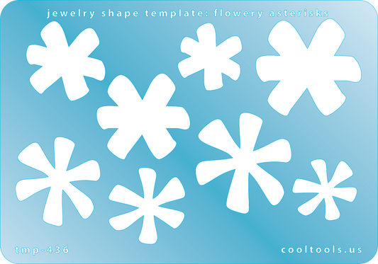 Blue plastic Jewelry Shape Template - Flowery Asterisks Our special surface makes it easy to find these templates on your workbench, but allows clarity for positioning. Includes 8 flowery asterisk shapes, 2 styles. Sizes are from 21mm to 35.5mm.