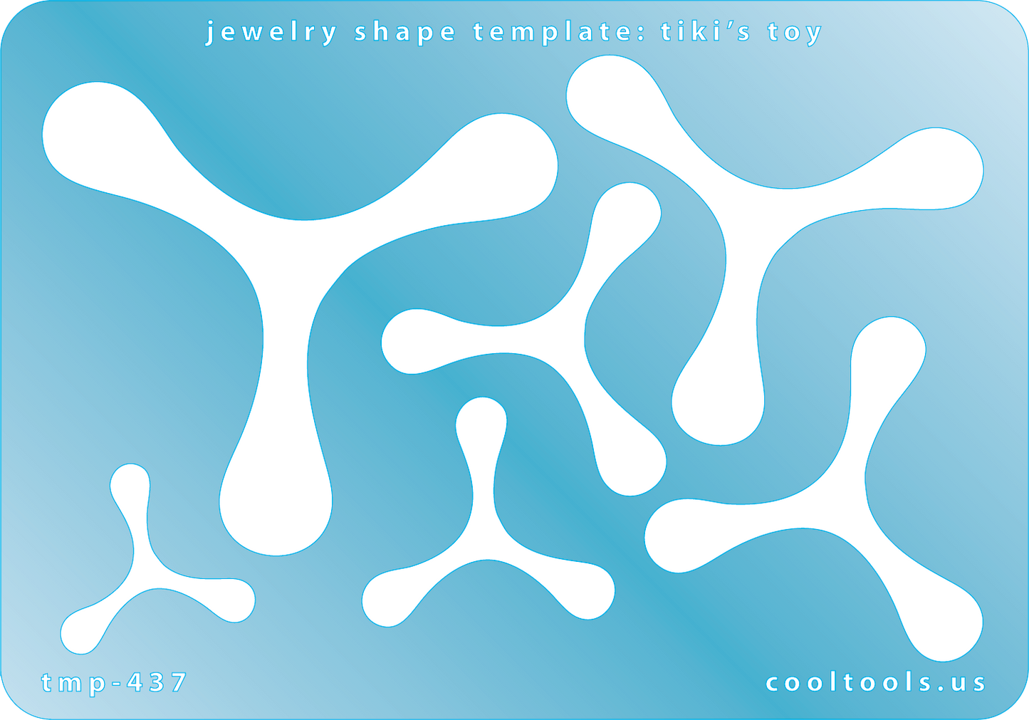 Blue plastic Jewelry Shape Template - Tiki's Toy 6 boomerang shapes. Sizes are from 24mm to 63.5mm  Our special surface makes it easy to find these templates on your workbench, but allows clarity for positioning.