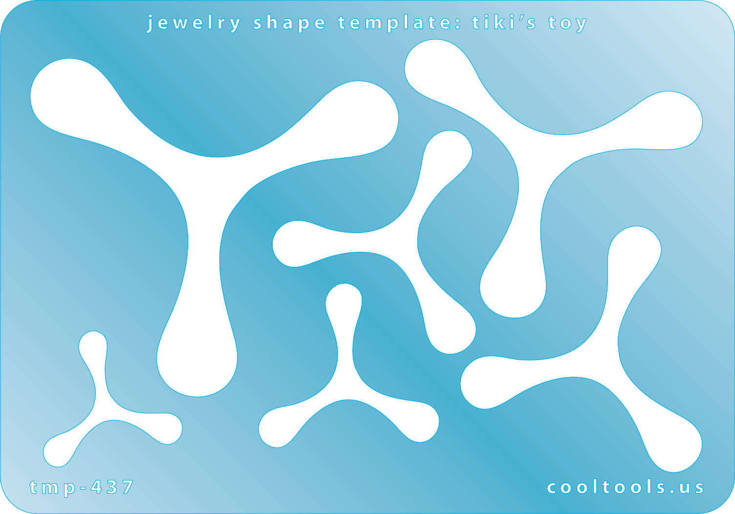 Blue plastic Jewelry Shape Template - Tiki's Toy 6 boomerang shapes. Sizes are from 24mm to 63.5mm  Our special surface makes it easy to find these templates on your workbench, but allows clarity for positioning.