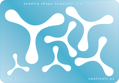 Blue plastic Jewelry Shape Template - Tiki's Toy 6 boomerang shapes. Sizes are from 24mm to 63.5mm  Our special surface makes it easy to find these templates on your workbench, but allows clarity for positioning.