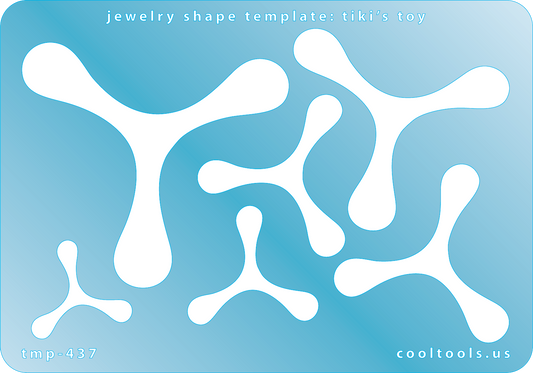 Blue plastic Jewelry Shape Template - Tiki's Toy 6 boomerang shapes. Sizes are from 24mm to 63.5mm  Our special surface makes it easy to find these templates on your workbench, but allows clarity for positioning.