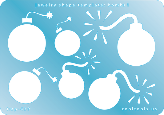 Blue plastic Jewelry Shape Template - Bombs 1 6 bomb shapes, 2 styles. Sizes are from 30mm to 62.5mm  Our special surface makes it easy to find these templates on your workbench, but allows clarity for positioning.