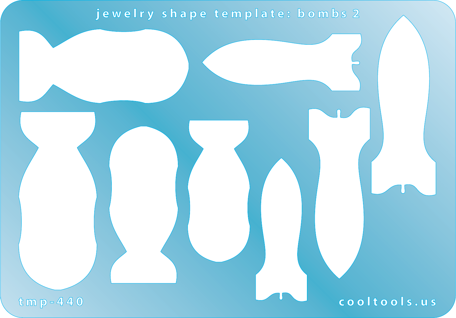 Blue plastic Jewelry Shape Template - Bombs 2 8 bomb shapes, 2 styles. Sizes are from 39mm to 49mm  Our special surface makes it easy to find these templates on your workbench, but allows clarity for positioning.
