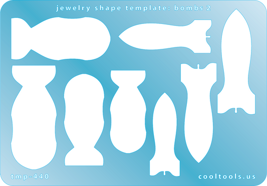 Blue plastic Jewelry Shape Template - Bombs 2 8 bomb shapes, 2 styles. Sizes are from 39mm to 49mm  Our special surface makes it easy to find these templates on your workbench, but allows clarity for positioning.