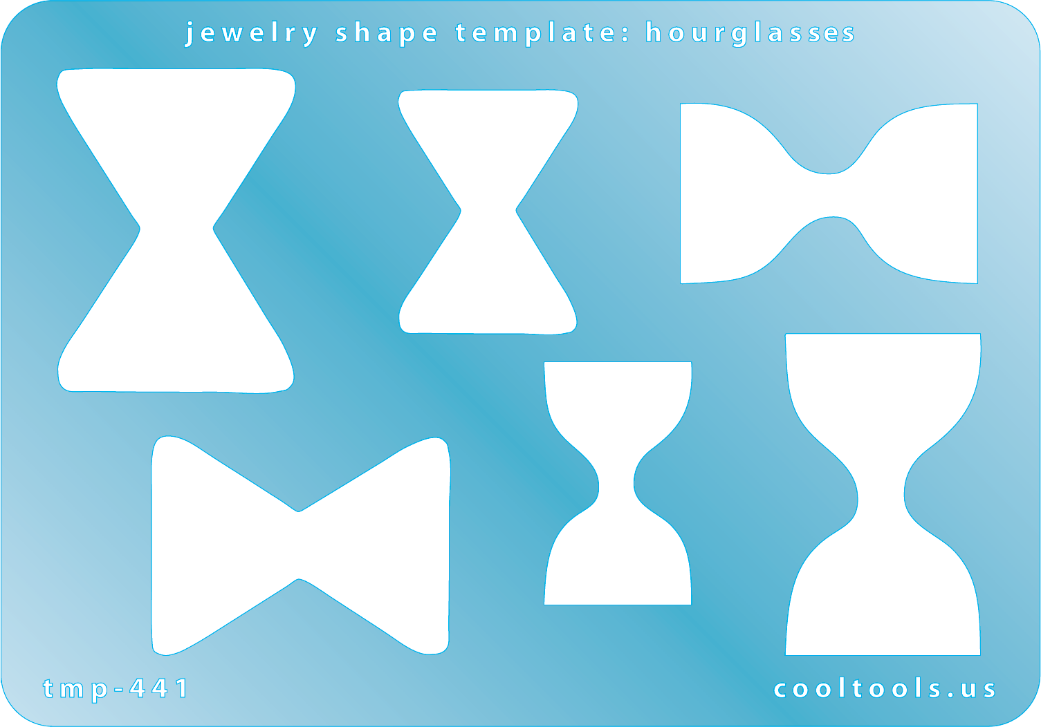 Blue plastic Jewelry Shape Template - Hourglasses 5 hourglass shapes. Sizes are from 29mm to 39mm  Our special surface makes it easy to find these templates on your workbench, but allows clarity for positioning.