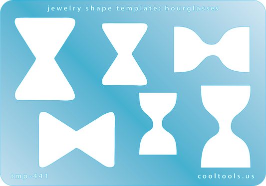 Blue plastic Jewelry Shape Template - Hourglasses 5 hourglass shapes. Sizes are from 29mm to 39mm  Our special surface makes it easy to find these templates on your workbench, but allows clarity for positioning.