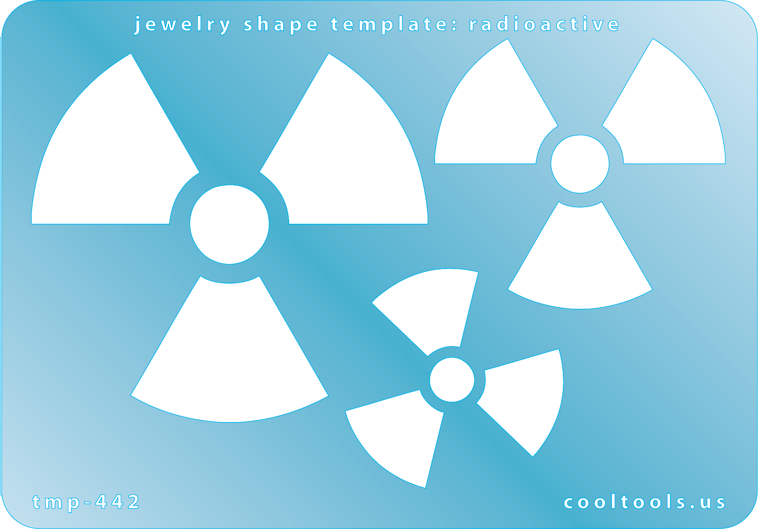 Blue plastic Jewelry Shape Template - Radioactive 3 radioactive shapes. Sizes are from 37mm to 66.5mm  Our special surface makes it easy to find these templates on your workbench, but allows clarity for positioning.
