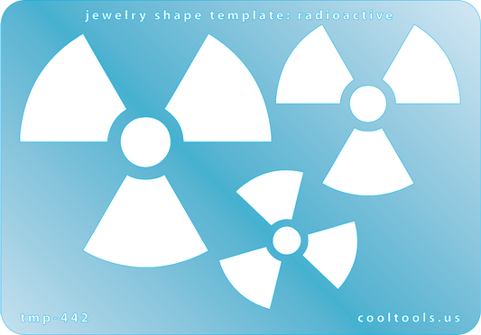 Blue plastic Jewelry Shape Template - Radioactive 3 radioactive shapes. Sizes are from 37mm to 66.5mm  Our special surface makes it easy to find these templates on your workbench, but allows clarity for positioning.