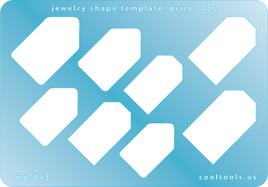 Blue plastic Jewelry Shape Template - Price Tags 8 price tag shapes, 4 styles. Sizes are from 28mm to 35.5mm  Our special surface makes it easy to find these templates on your workbench, but allows clarity for positioning.
