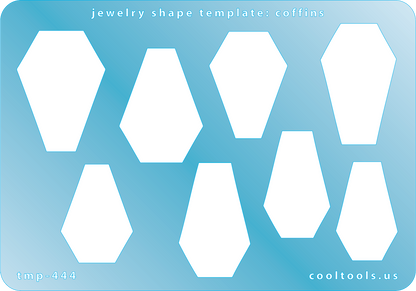 Blue plastic Jewelry Shape Template - Coffins 8 coffin shapes, 2 styles. Sizes are from 30mm to 37mm  Our special surface makes it easy to find these templates on your workbench, but allows clarity for positioning.