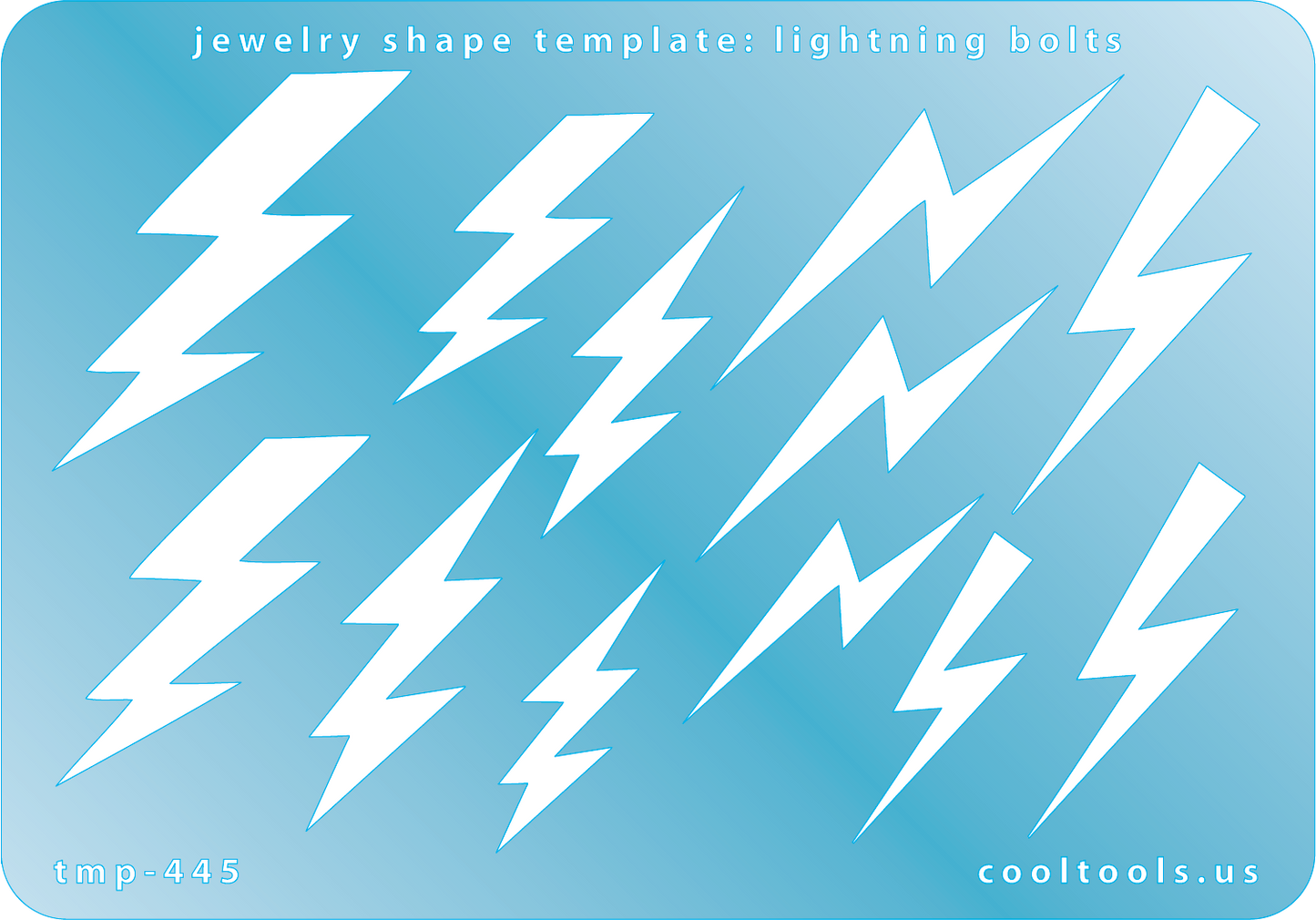 Blue plastic Jewelry Shape Template - Lightning Bolts 12 lightning bolt shapes, 4 styles. Sizes are from 32.5mm to 51.5mm  Our special surface makes it easy to find these templates on your workbench, but allows clarity for positioning.