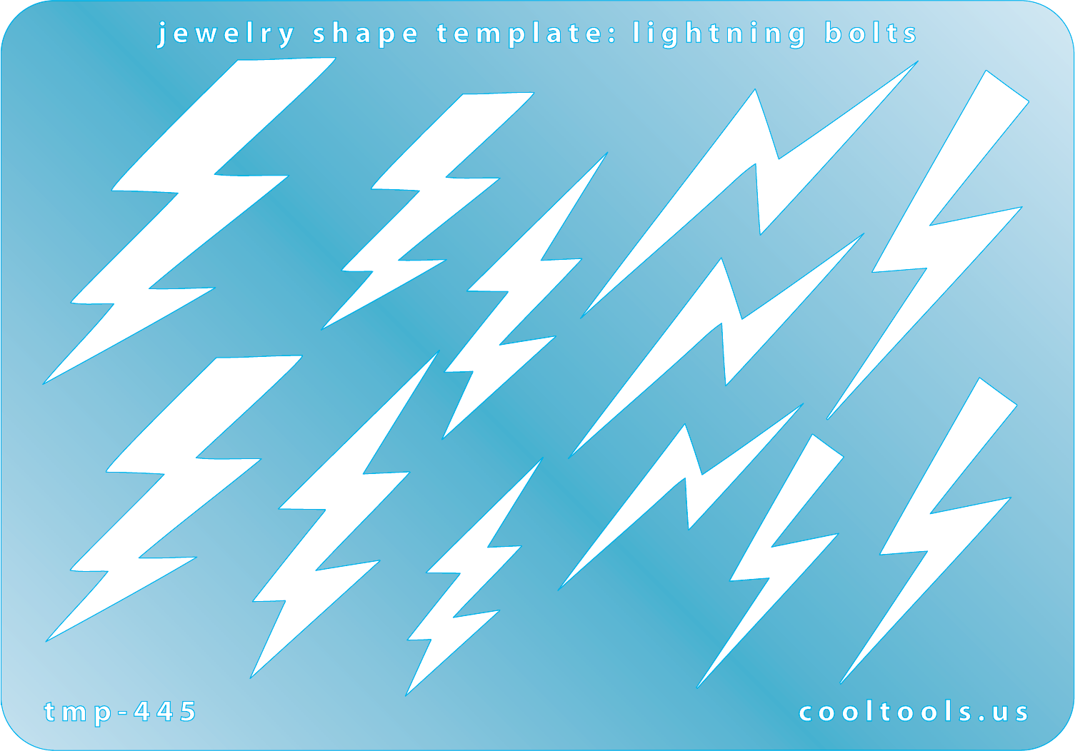 Blue plastic Jewelry Shape Template - Lightning Bolts 12 lightning bolt shapes, 4 styles. Sizes are from 32.5mm to 51.5mm  Our special surface makes it easy to find these templates on your workbench, but allows clarity for positioning.