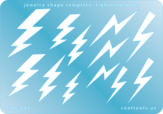 Blue plastic Jewelry Shape Template - Lightning Bolts 12 lightning bolt shapes, 4 styles. Sizes are from 32.5mm to 51.5mm  Our special surface makes it easy to find these templates on your workbench, but allows clarity for positioning.