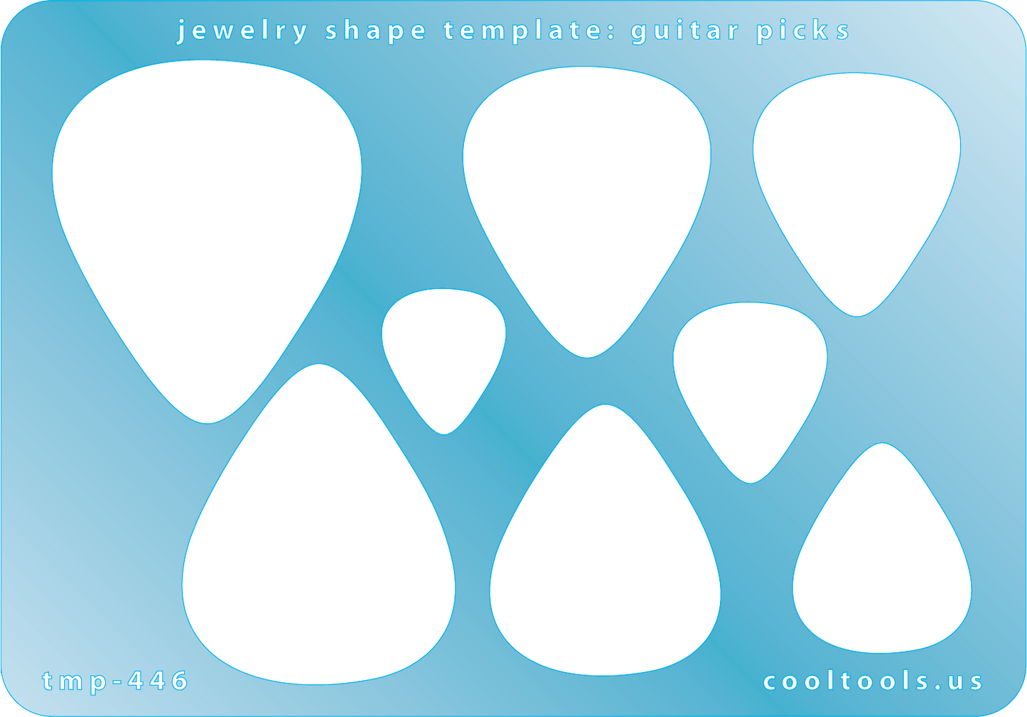 Blue plastic Jewelry Shape Template - Guitar Picks 8 guitar pick shapes. Sizes are 18mm to 45mm  Our special surface makes it easy to find these templates on your workbench, but allows clarity for positioning.