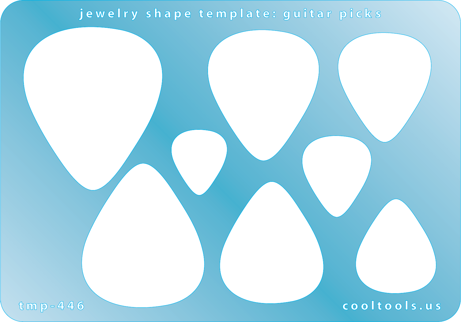 Blue plastic Jewelry Shape Template - Guitar Picks 8 guitar pick shapes. Sizes are 18mm to 45mm  Our special surface makes it easy to find these templates on your workbench, but allows clarity for positioning.