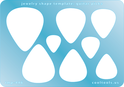 Blue plastic Jewelry Shape Template - Guitar Picks 8 guitar pick shapes. Sizes are 18mm to 45mm  Our special surface makes it easy to find these templates on your workbench, but allows clarity for positioning.