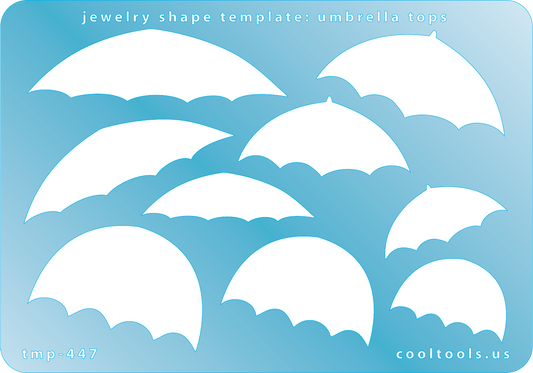 Blue plastic Jewelry Shape Template - Umbrella Tops 9 umbrella top shapes. Sizes are from 28mm to 62mm  Our special surface makes it easy to find these templates on your workbench, but allows clarity for positioning.