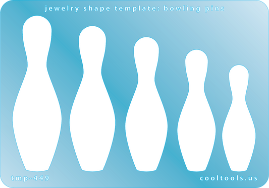 Blue plastic Jewelry Shape Template - Bowling Pins 5 bowling pin shapes. Sizes are from 50.5mm to 73.5mm  Our special surface makes it easy to find these templates on your workbench, but allows clarity for positioning.