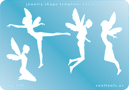 Blue plastic Jewelry Shape Template - Fairies 1 Our special surface makes it easy to find these templates on your workbench, but allows clarity for positioning. Includes 4 fairy shapes. Sizes are from 49mm to 65mm.