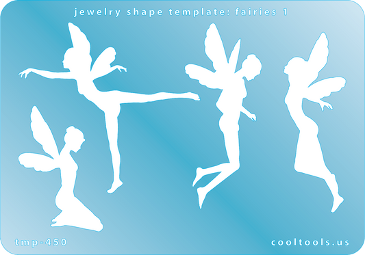 Blue plastic Jewelry Shape Template - Fairies 1 Our special surface makes it easy to find these templates on your workbench, but allows clarity for positioning. Includes 4 fairy shapes. Sizes are from 49mm to 65mm.