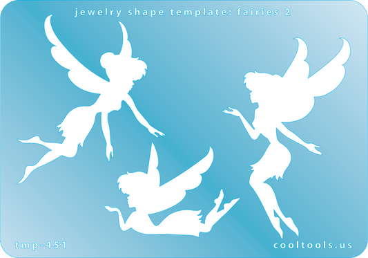Blue plastic Jewelry Shape Template - Fairies 2 Our special surface makes it easy to find these templates on your workbench, but allows clarity for positioning. Includes 3 different fairy shapes. Sizes are from 47mm to 72mm.