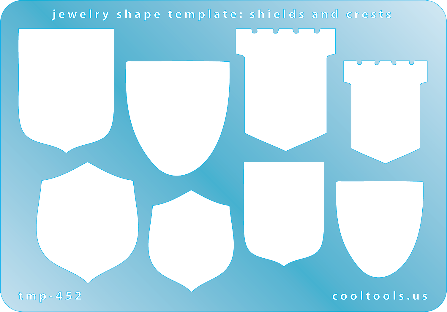 Blue plastic Jewelry Shape Template - Shields and Crests Our special surface makes it easy to find these templates on your workbench, but allows clarity for positioning. Includes 8 shield and crest shapes, 4 styles. Sizes are from 27.5mm to 35.5mm.