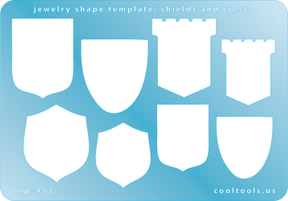 Blue plastic Jewelry Shape Template - Shields and Crests Our special surface makes it easy to find these templates on your workbench, but allows clarity for positioning. Includes 8 shield and crest shapes, 4 styles. Sizes are from 27.5mm to 35.5mm.