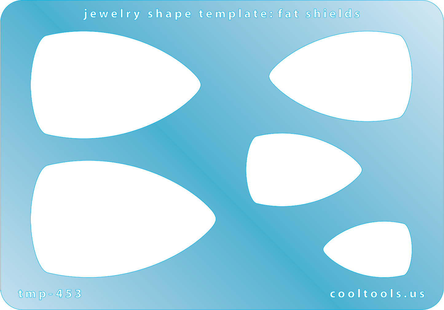 Blue plastic Jewelry Shape Template - Fat Shields Our special surface makes it easy to find these templates on your workbench, but allows clarity for positioning. Includes 5 fat shield shapes. Sizes are from 25.5mm to 53mm.