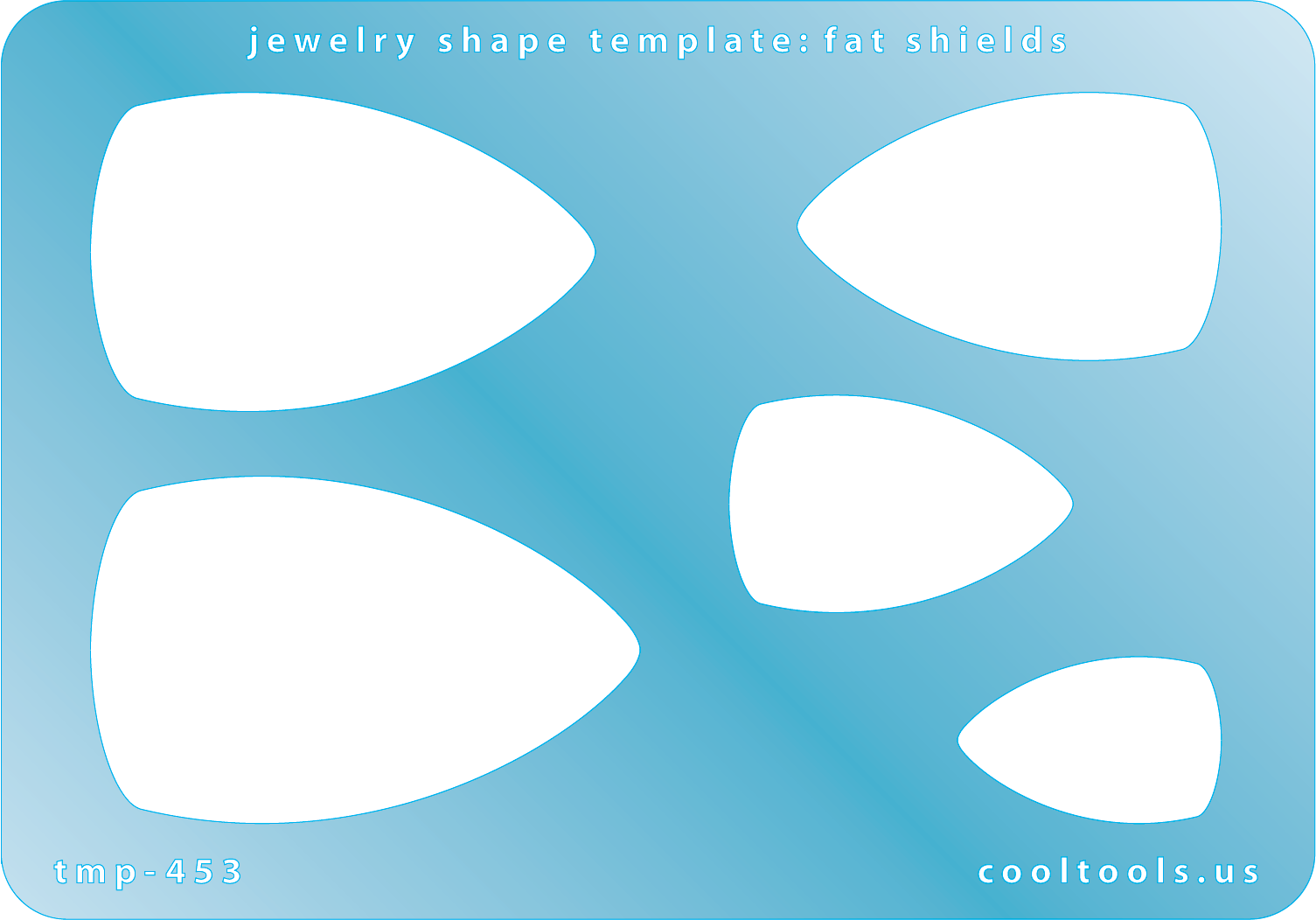 Blue plastic Jewelry Shape Template - Fat Shields Our special surface makes it easy to find these templates on your workbench, but allows clarity for positioning. Includes 5 fat shield shapes. Sizes are from 25.5mm to 53mm.
