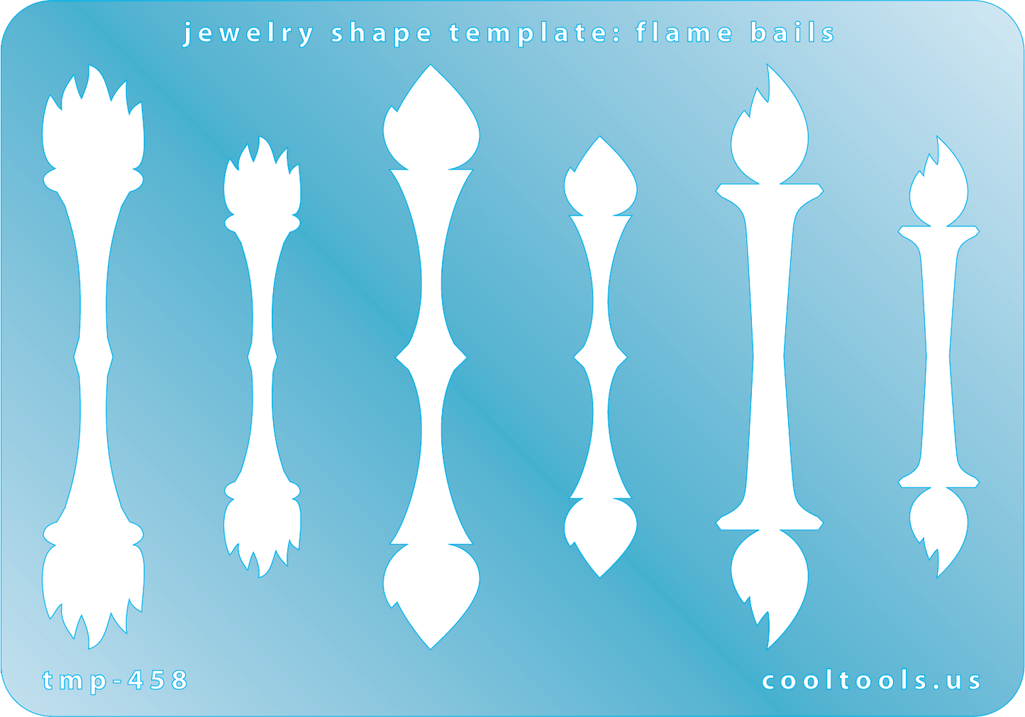 Blue plastic Jewelry Shape Template - Flame Bails Our special surface makes it easy to find these templates on your workbench, but allows clarity for positioning. Includes 3 different flame bail shapes, each in 2 sizes. 