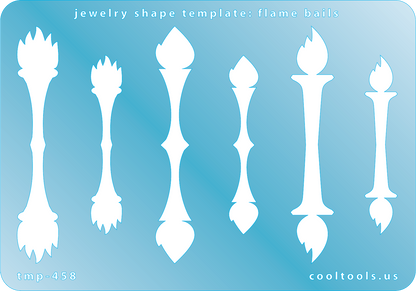 Blue plastic Jewelry Shape Template - Flame Bails Our special surface makes it easy to find these templates on your workbench, but allows clarity for positioning. Includes 3 different flame bail shapes, each in 2 sizes. 