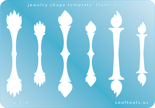 Blue plastic Jewelry Shape Template - Flame Bails Our special surface makes it easy to find these templates on your workbench, but allows clarity for positioning. Includes 3 different flame bail shapes, each in 2 sizes. 