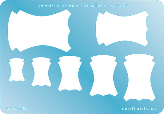 Blue plastic Jewelry Shape Template - Corset Our special surface makes it easy to find these templates on your workbench, but allows clarity for positioning. Includes 7 corset shapes. Sizes are from 18mm to 49mm.
