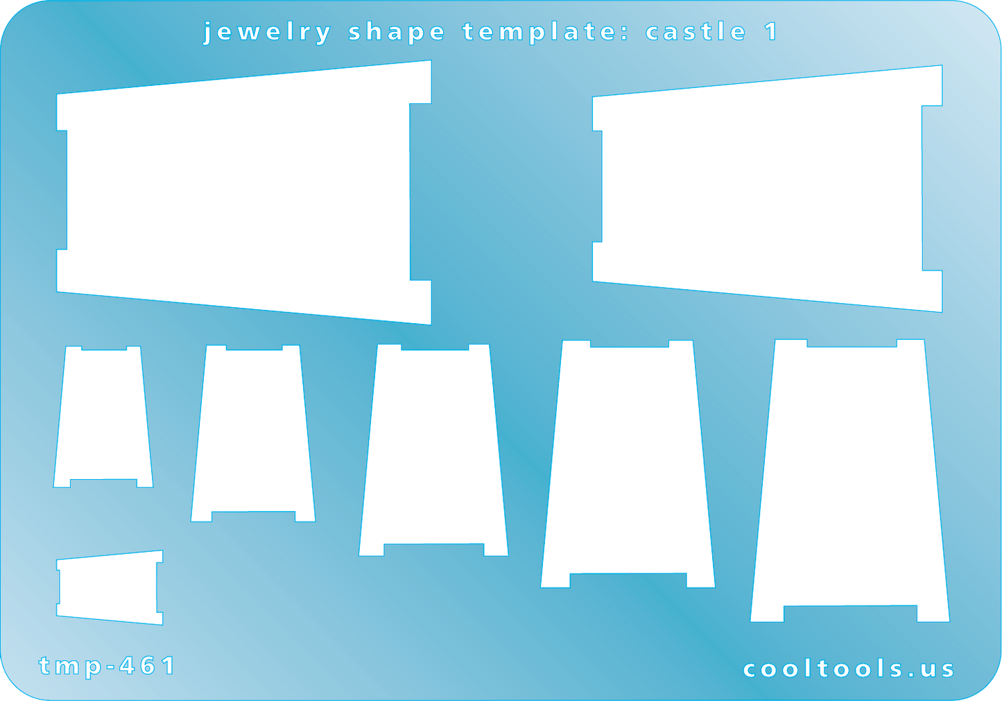 Blue plastic Jewelry Shape Template - Castle 1 Our special surface makes it easy to find these templates on your workbench, but allows clarity for positioning. Includes 8 castle shapes. Sizes are from 13.5mm to 48mm.