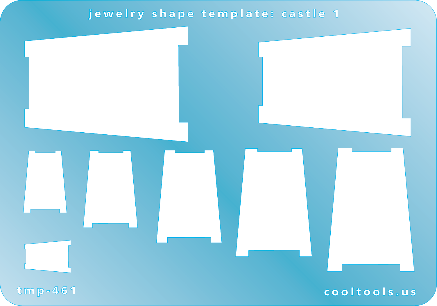 Blue plastic Jewelry Shape Template - Castle 1 Our special surface makes it easy to find these templates on your workbench, but allows clarity for positioning. Includes 8 castle shapes. Sizes are from 13.5mm to 48mm.