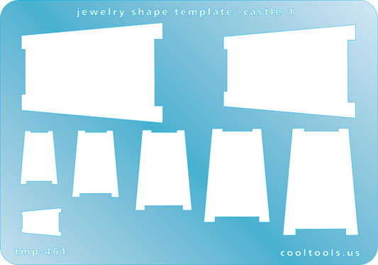 Blue plastic Jewelry Shape Template - Castle 1 Our special surface makes it easy to find these templates on your workbench, but allows clarity for positioning. Includes 8 castle shapes. Sizes are from 13.5mm to 48mm.