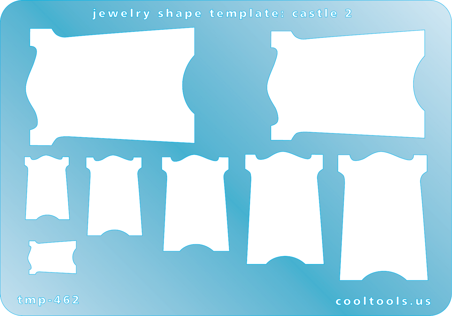 Blue plastic Jewelry Shape Template - Castle 2 Our special surface makes it easy to find these templates on your workbench, but allows clarity for positioning. Includes 8 castle shapes. Sizes are from 13mm to 46mm.