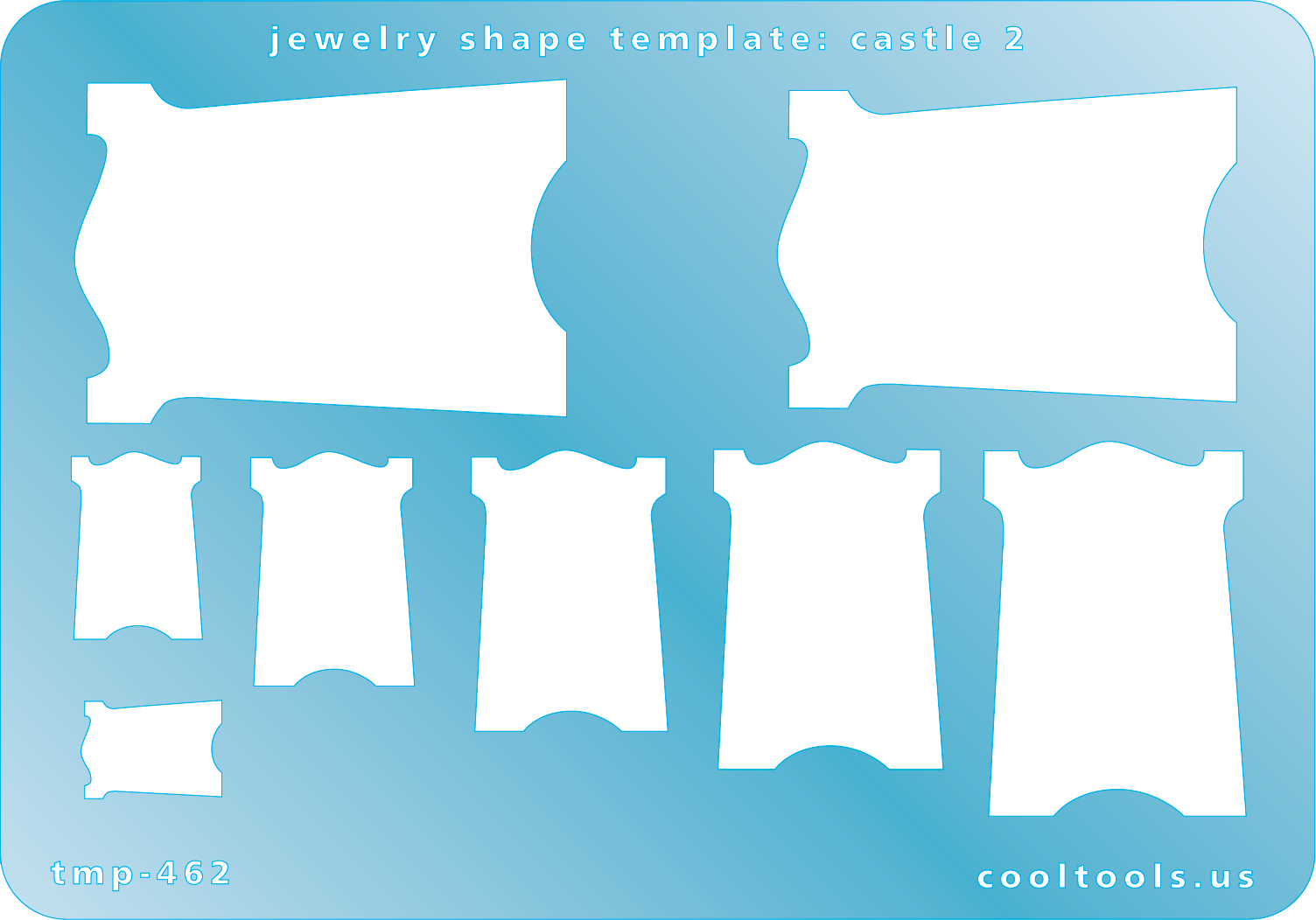 Blue plastic Jewelry Shape Template - Castle 2 Our special surface makes it easy to find these templates on your workbench, but allows clarity for positioning. Includes 8 castle shapes. Sizes are from 13mm to 46mm.