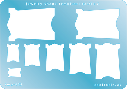 Blue plastic Jewelry Shape Template - Castle 2 Our special surface makes it easy to find these templates on your workbench, but allows clarity for positioning. Includes 8 castle shapes. Sizes are from 13mm to 46mm.