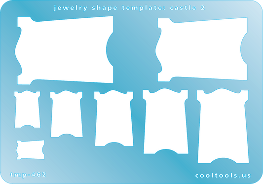 Blue plastic Jewelry Shape Template - Castle 2 Our special surface makes it easy to find these templates on your workbench, but allows clarity for positioning. Includes 8 castle shapes. Sizes are from 13mm to 46mm.