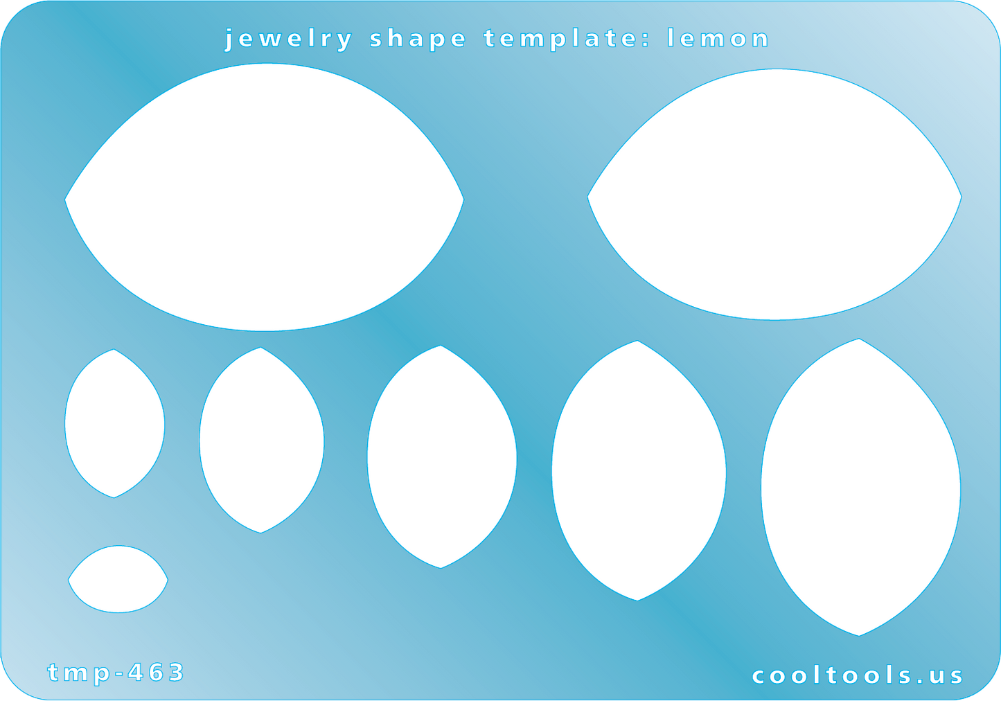 Blue plastic Jewelry Shape Template - Lemon Our special surface makes it easy to find these templates on your workbench, but allows clarity for positioning. Includes 8 lemon shapes. Sizes are from 12mm to 51mm.