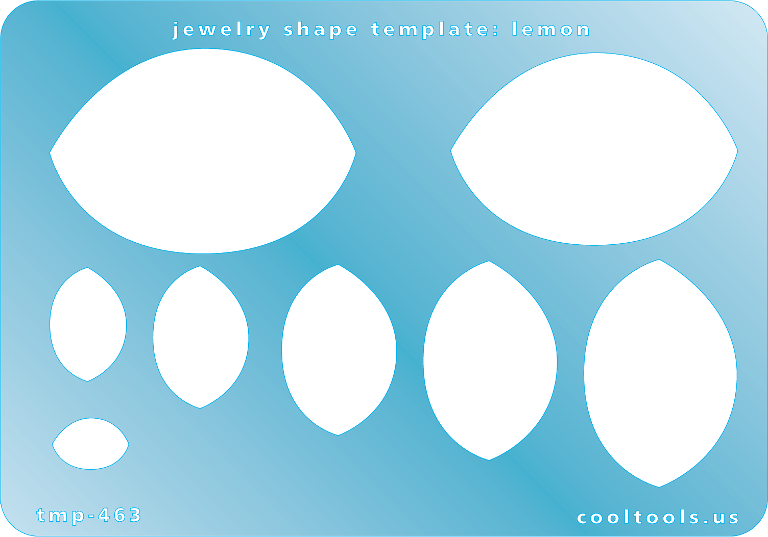 Blue plastic Jewelry Shape Template - Lemon Our special surface makes it easy to find these templates on your workbench, but allows clarity for positioning. Includes 8 lemon shapes. Sizes are from 12mm to 51mm.