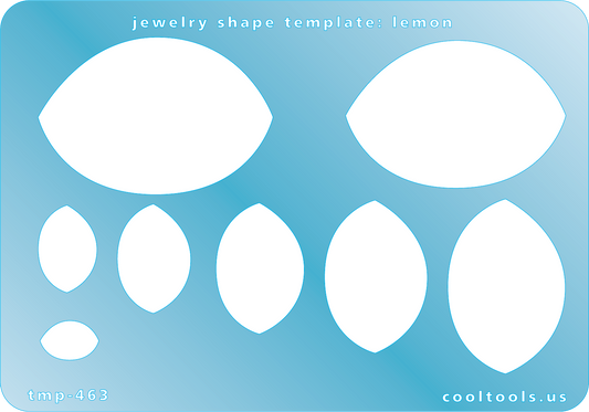 Blue plastic Jewelry Shape Template - Lemon Our special surface makes it easy to find these templates on your workbench, but allows clarity for positioning. Includes 8 lemon shapes. Sizes are from 12mm to 51mm.