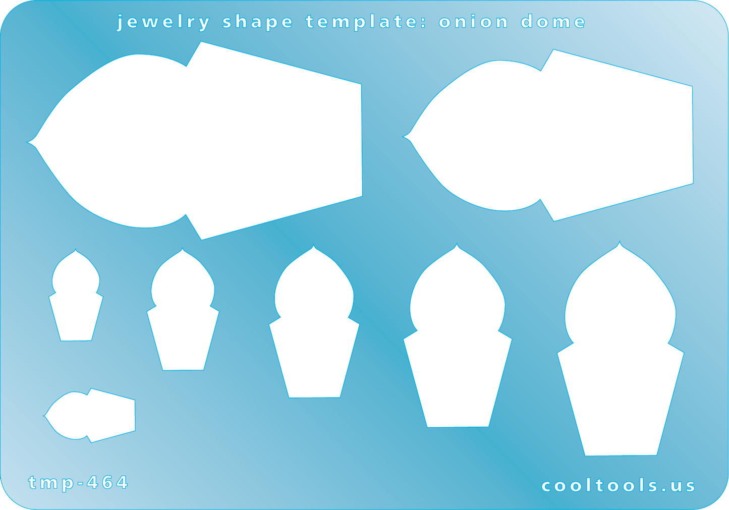 Blue plastic Jewelry Shape Template - Onion Dome Our special surface makes it easy to find these templates on your workbench, but allows clarity for positioning. Includes 8 onion dome shapes. Sizes are from 16mm to 58mm. 