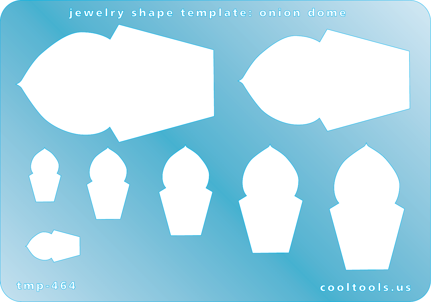 Blue plastic Jewelry Shape Template - Onion Dome Our special surface makes it easy to find these templates on your workbench, but allows clarity for positioning. Includes 8 onion dome shapes. Sizes are from 16mm to 58mm. 