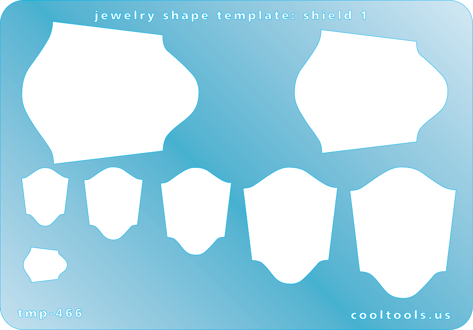Blue plastic Jewelry Shape Template - Shield 1 Our special surface makes it easy to find these templates on your workbench, but allows clarity for positioning. Includes 8 shield shapes. Sizes are from 9mm to 40mm.