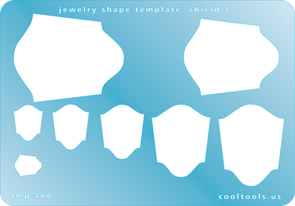 Blue plastic Jewelry Shape Template - Shield 1 Our special surface makes it easy to find these templates on your workbench, but allows clarity for positioning. Includes 8 shield shapes. Sizes are from 9mm to 40mm.