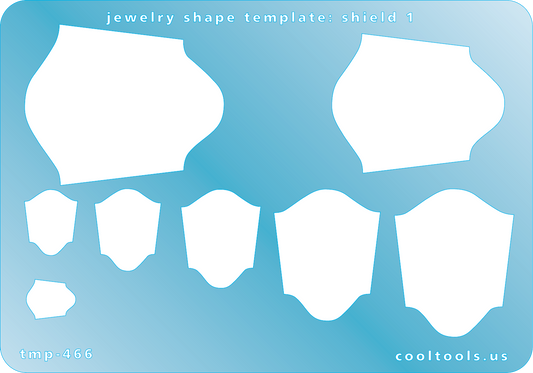 Blue plastic Jewelry Shape Template - Shield 1 Our special surface makes it easy to find these templates on your workbench, but allows clarity for positioning. Includes 8 shield shapes. Sizes are from 9mm to 40mm.