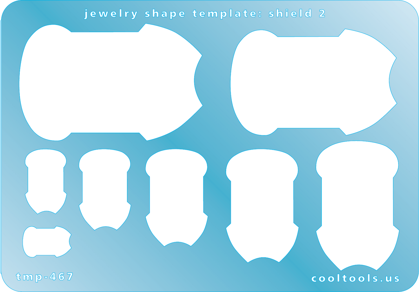 Blue plastic Jewelry Shape Template - Shield 2 Our special surface makes it easy to find these templates on your workbench, but allows clarity for positioning. Includes 8 shield shapes. Sizes are from 9mm to 35mm. 