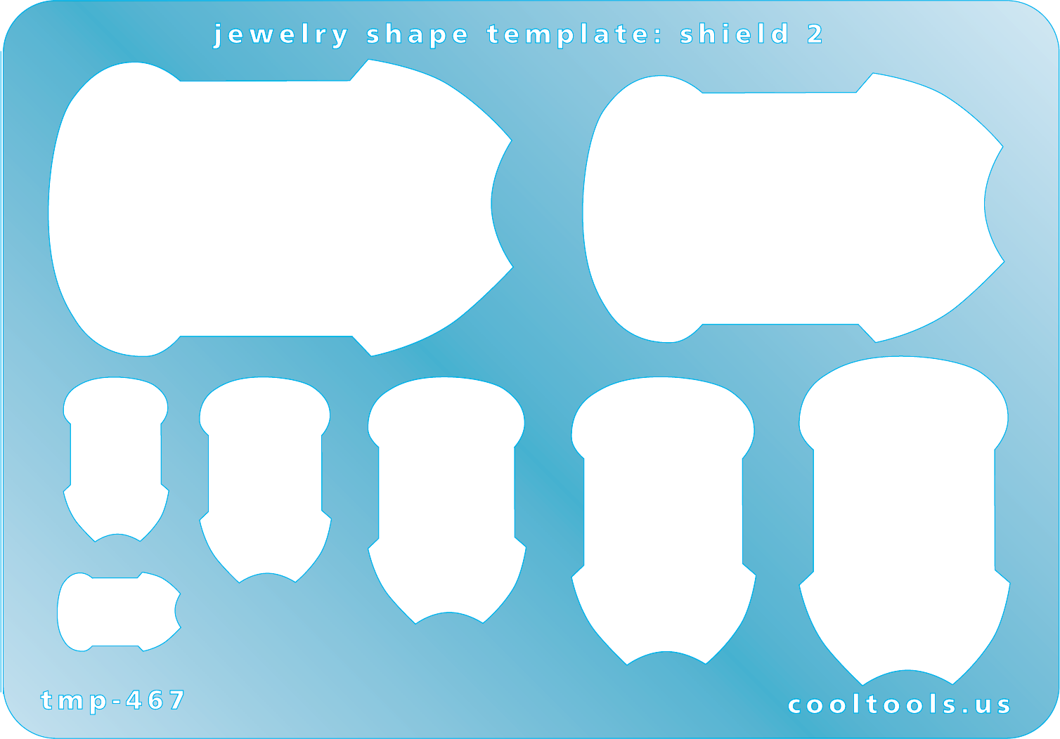 Blue plastic Jewelry Shape Template - Shield 2 Our special surface makes it easy to find these templates on your workbench, but allows clarity for positioning. Includes 8 shield shapes. Sizes are from 9mm to 35mm. 
